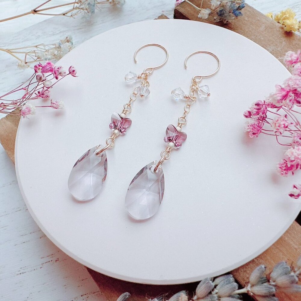 14k Gold-Filled Long Dangle Earrings with Crystal Butterfly and Pear Drop